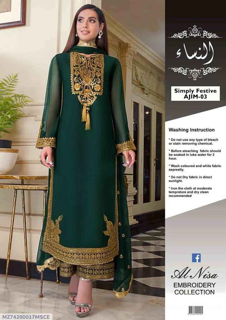 3 Pcs Women's Unstitched Chiffon Embroidered Suit