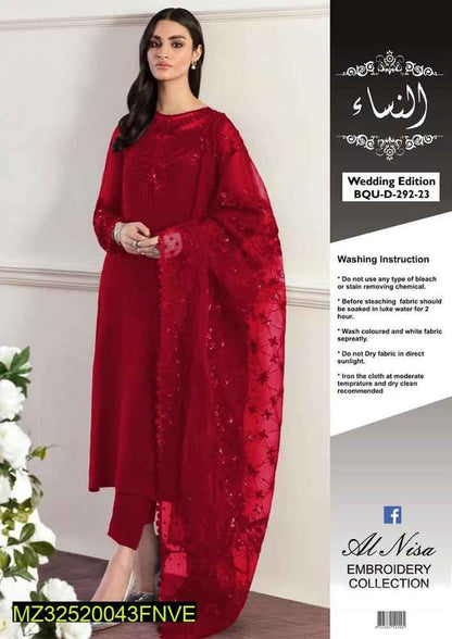3 Pcs Women's Unstitched Chiffon Sequins Embroidered Suit