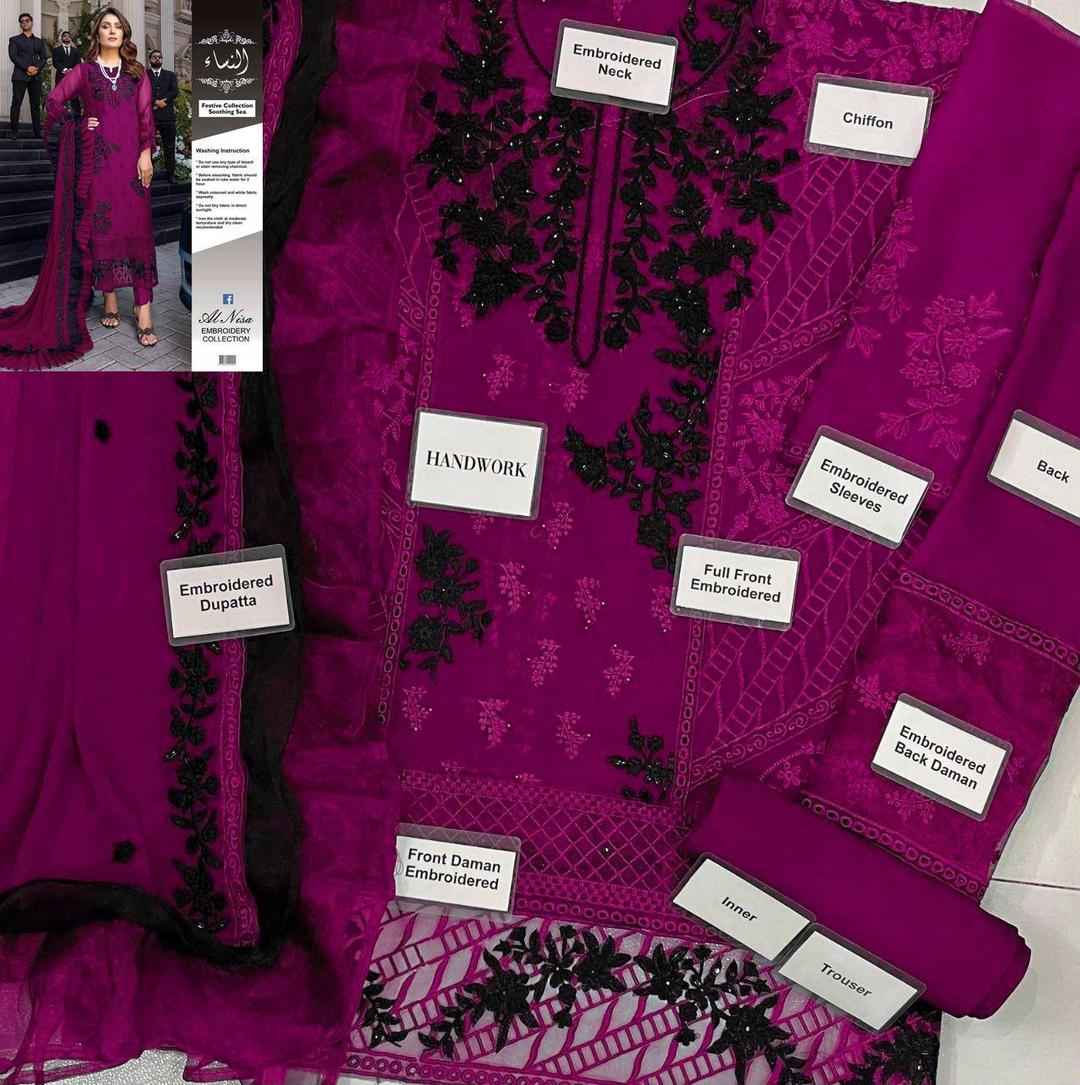 Embroidered Chiffon Suit Set - 3 Pcs - Purple Elegance