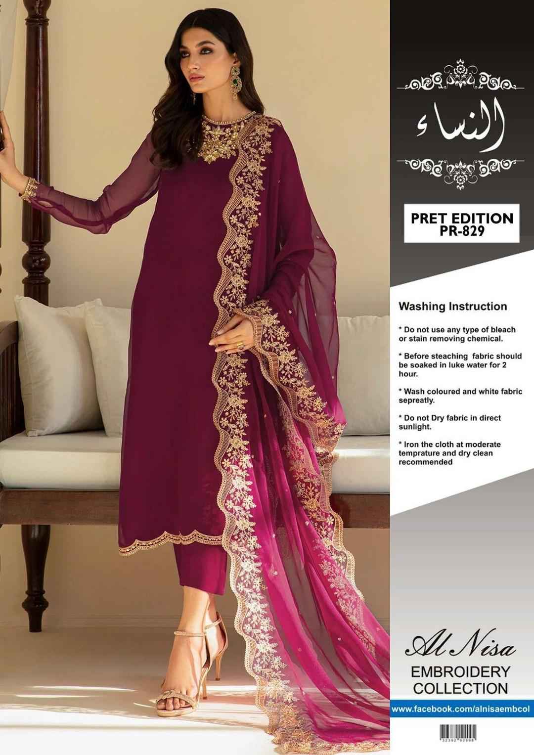 Elegant Embroidered Suit - 3 Pcs with Chiffon Dupatta