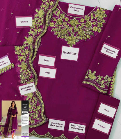 Elegant Embroidered Suit - 3 Pcs with Chiffon Dupatta