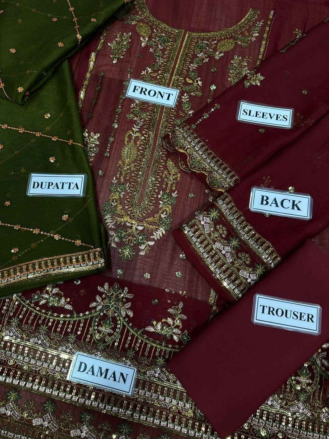 3 Pcs Women's Unstitched Sequins Embroidered Suit