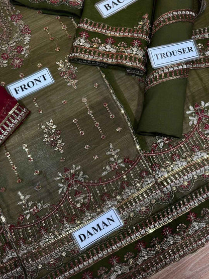 3 Pcs Women's Unstitched Sequins Embroidered Suit