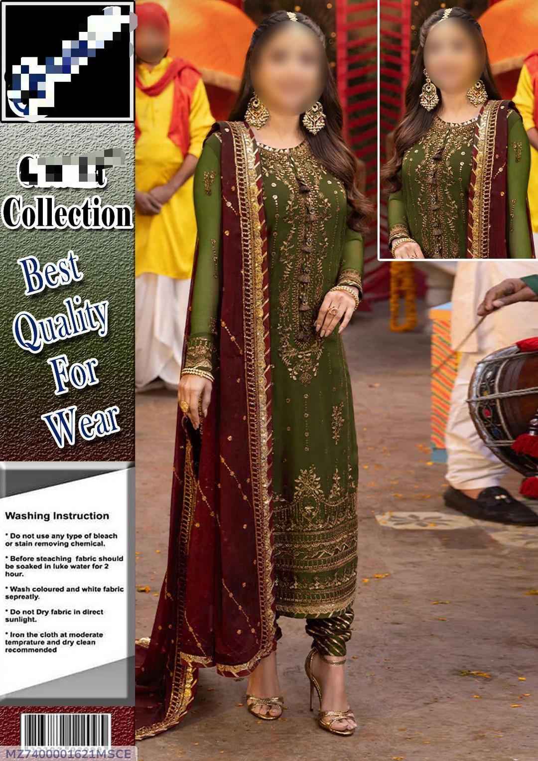 3 Pcs Women's Unstitched Sequins Embroidered Suit