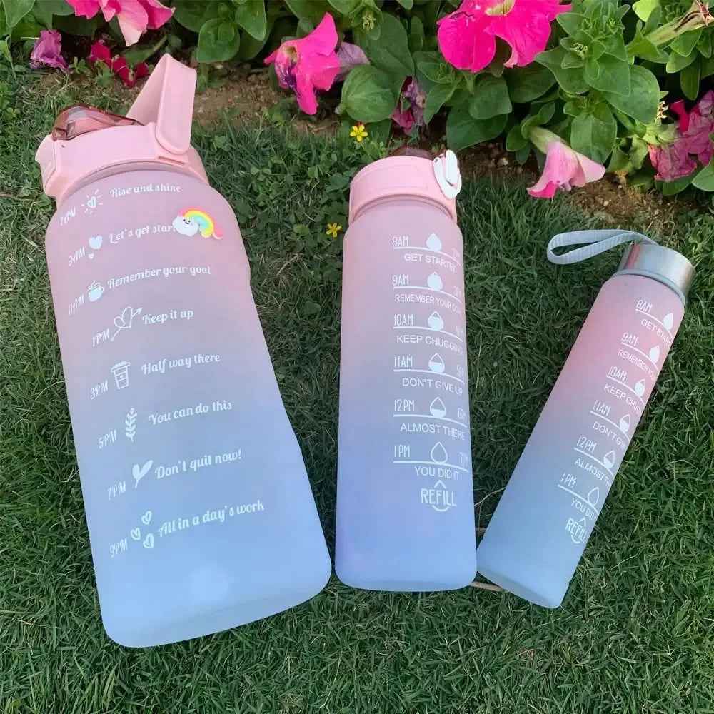 Water Bottle (3Pcs Set) Time Marker & Leak Proof Flip Top Lid (Random Color)