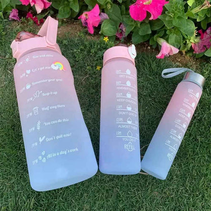 Water Bottle (3Pcs Set) Time Marker & Leak Proof Flip Top Lid (Random Color)