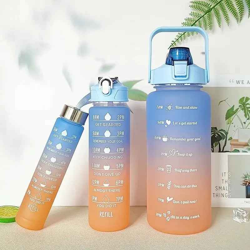 Water Bottle (3Pcs Set) Time Marker & Leak Proof Flip Top Lid (Random Color)