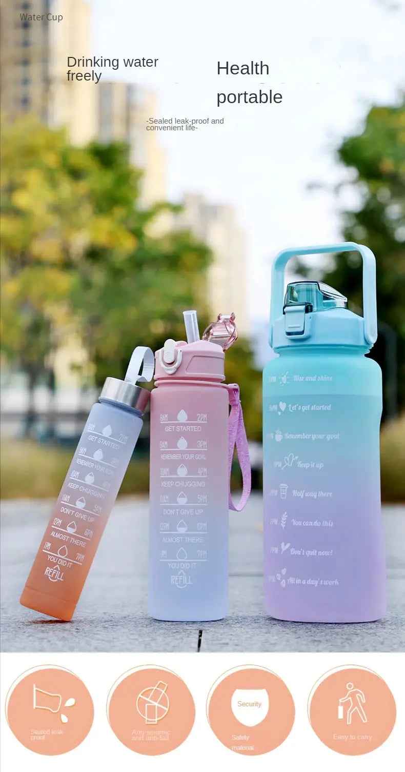 Water Bottle (3Pcs Set) Time Marker & Leak Proof Flip Top Lid (Random Color)