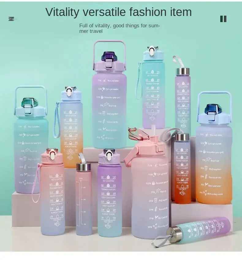 Water Bottle (3Pcs Set) Time Marker & Leak Proof Flip Top Lid (Random Color)