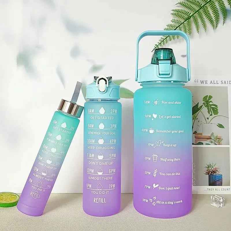 Water Bottle (3Pcs Set) Time Marker & Leak Proof Flip Top Lid (Random Color)
