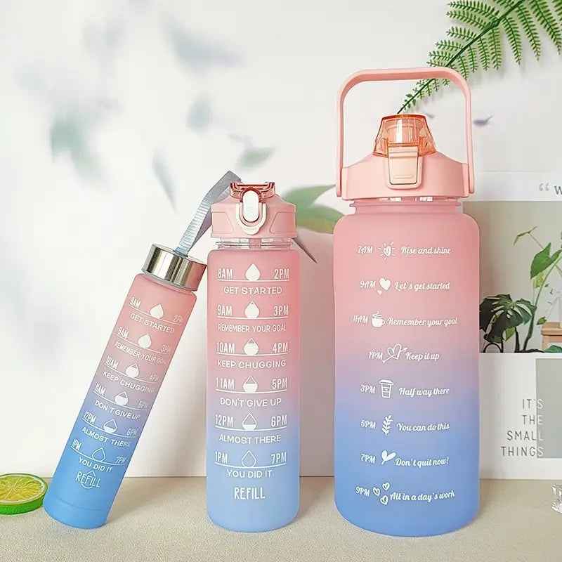 Water Bottle (3Pcs Set) Time Marker & Leak Proof Flip Top Lid (Random Color)
