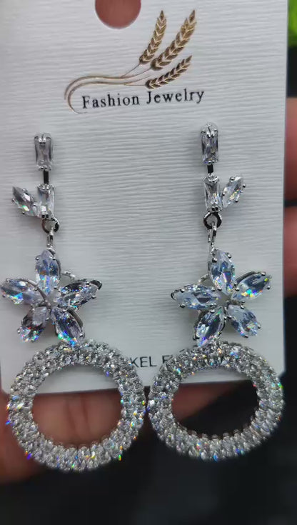 Imported Elegant Earrings  | Floral Crystal | Best Quality Earrings For Girls & Women | Luxury Look Earrings (Silver Color)