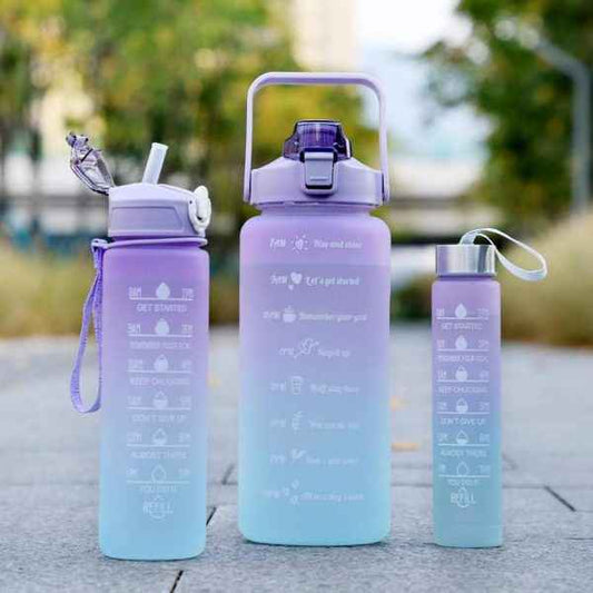 Water Bottle (3Pcs Set) Time Marker & Leak Proof Flip Top Lid (Random Color)