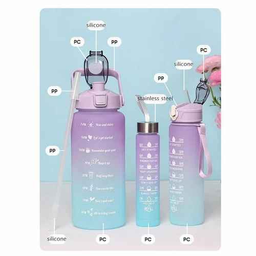 Water Bottle (3Pcs Set) Time Marker & Leak Proof Flip Top Lid (Random Color)