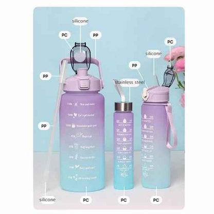 Water Bottle (3Pcs Set) Time Marker & Leak Proof Flip Top Lid (Random Color)