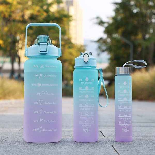 Water Bottle (3Pcs Set) Time Marker & Leak Proof Flip Top Lid (Random Color)