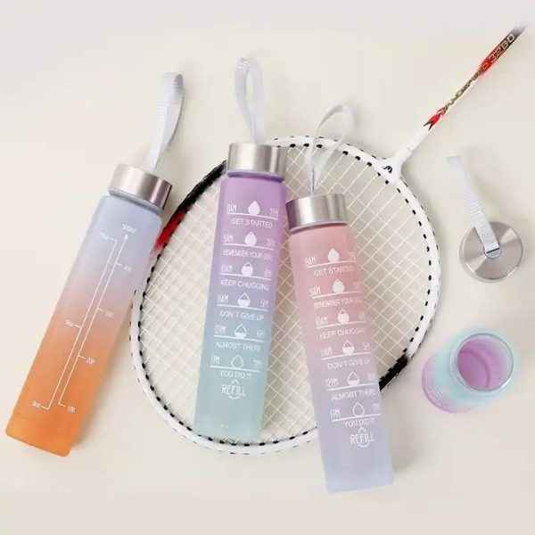 Water Bottle (3Pcs Set) Time Marker & Leak Proof Flip Top Lid (Random Color)