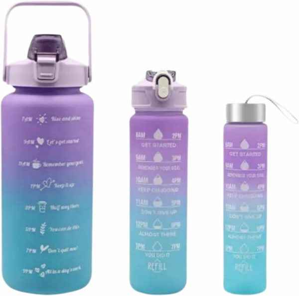Water Bottle (3Pcs Set) Time Marker & Leak Proof Flip Top Lid (Random Color)